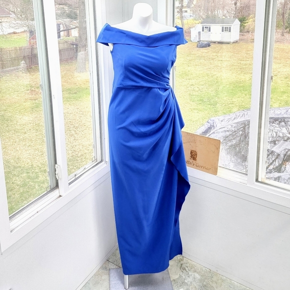 24 Hour Sale ⏰ Vince Camuto Off The Shoulder Royal Blue Crepe Column Ruched Gown - Picture 15 of 16